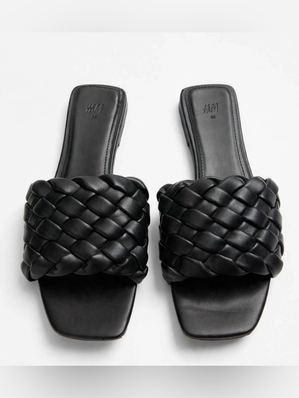 H&M Black Braided Flat Slide Sandals 38 / 7.5-8 Square Toe Puffy Woven Mules Sum